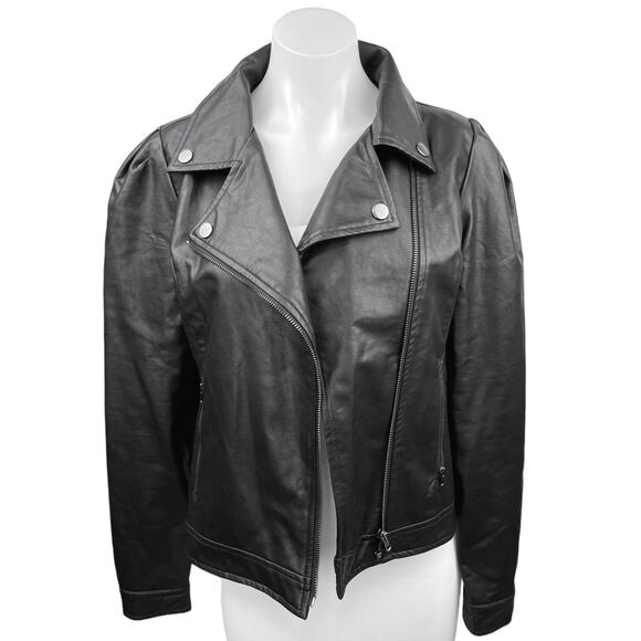 Lulus Black Vegan Faux Leather Zip Up Puff Sleeve Rider Moto Coat Jacket Size M - Picture 1 of 4